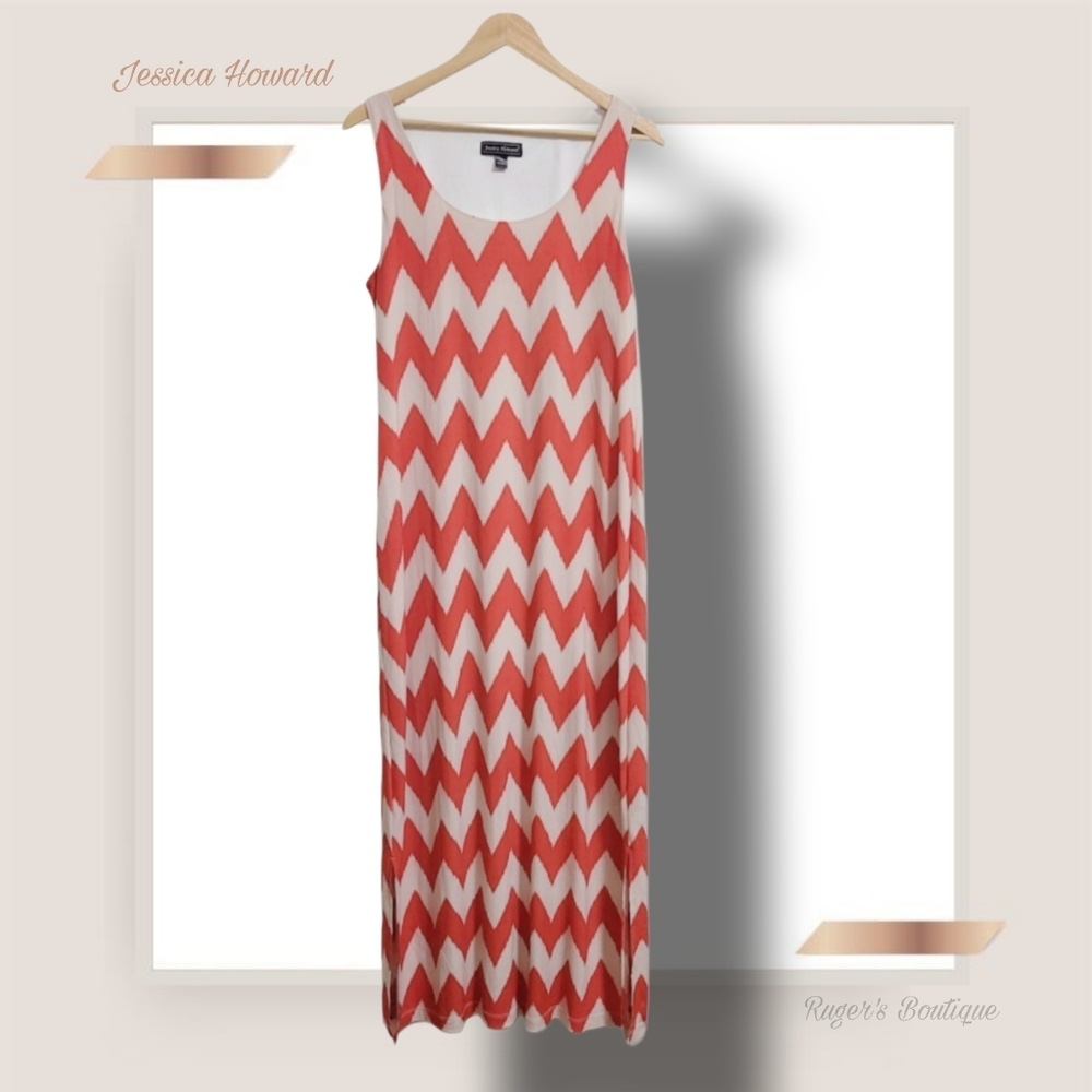🌿Jessica Howard Women' Large Coral & Khaki Chevron Sleeveless Maxi Dress - Picture 3 of 12